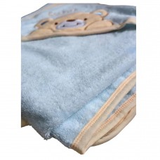 Голубое детское банное махровое полотенце 90х90 см из 100 % хлопка для новорожденных, с капюшоном-уголком, плотность 340 гр. Мишка
